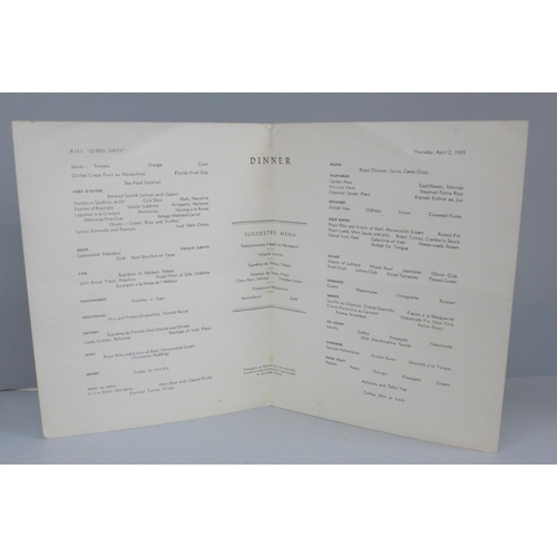 613 - A Cunard Line dinner menu, signed Alfred Hitchcock, no COA