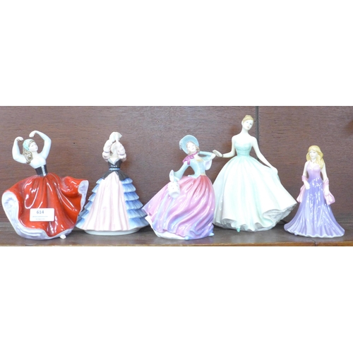 614 - Five Royal Doulton figures including Caroline, Autumn Breeze and Karen, Karen a/f