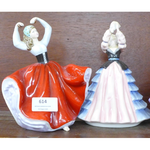 614 - Five Royal Doulton figures including Caroline, Autumn Breeze and Karen, Karen a/f