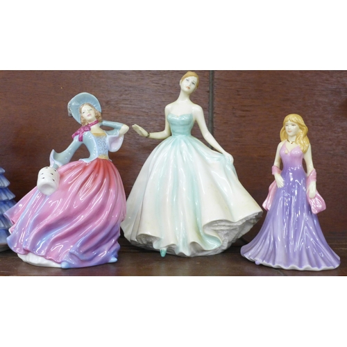 614 - Five Royal Doulton figures including Caroline, Autumn Breeze and Karen, Karen a/f