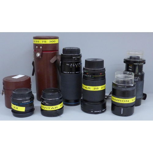 630 - Two Carl Zeiss Jena camera lenses, 75-300 macro zoom and 24mm, cased, four other lenses, Vivitar 19m... 