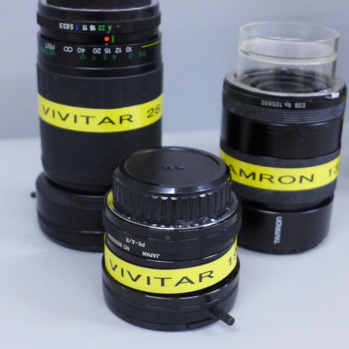 630 - Two Carl Zeiss Jena camera lenses, 75-300 macro zoom and 24mm, cased, four other lenses, Vivitar 19m... 