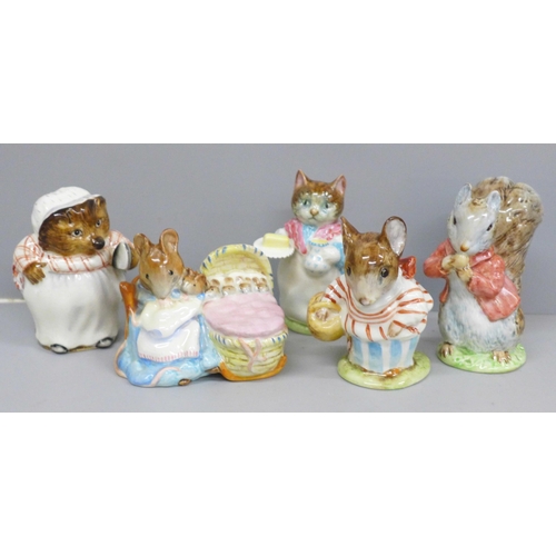 632 - Five Beswick Beatrix Potter figures; four early - Ribby, Hunca Munca, Mrs Tiggy-Winkle and Timmy Tip... 