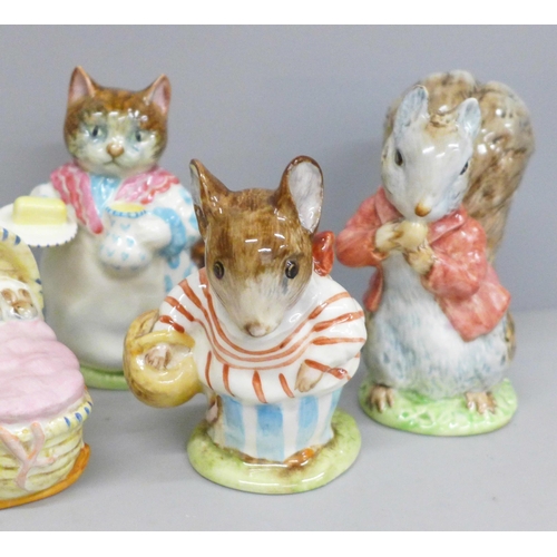 632 - Five Beswick Beatrix Potter figures; four early - Ribby, Hunca Munca, Mrs Tiggy-Winkle and Timmy Tip... 