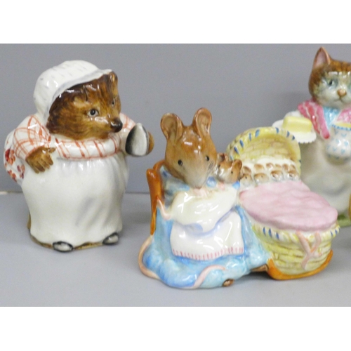 632 - Five Beswick Beatrix Potter figures; four early - Ribby, Hunca Munca, Mrs Tiggy-Winkle and Timmy Tip... 