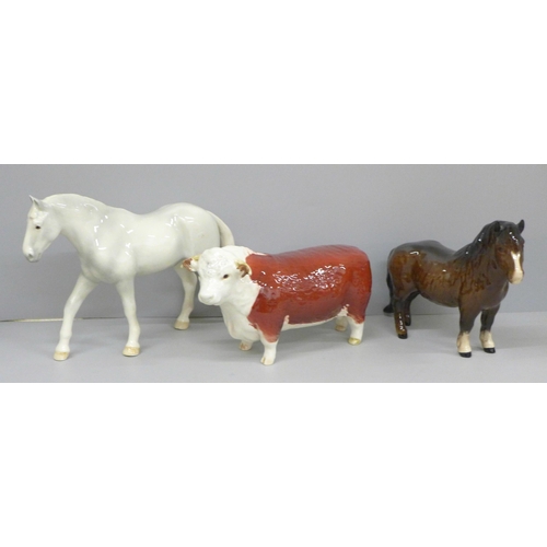 638 - A Beswick model Hereford bull, Shetland pony and horse