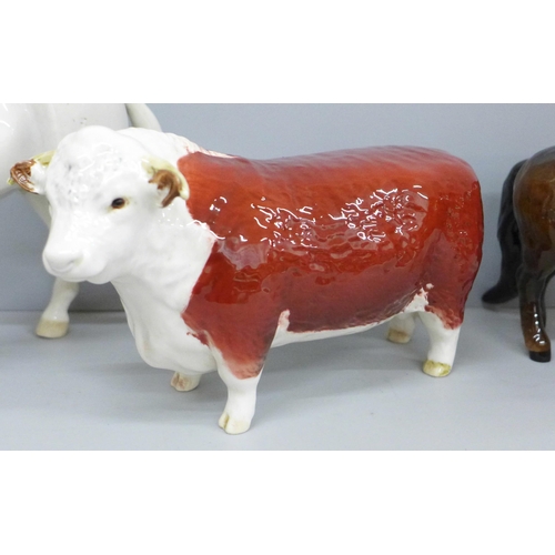 638 - A Beswick model Hereford bull, Shetland pony and horse