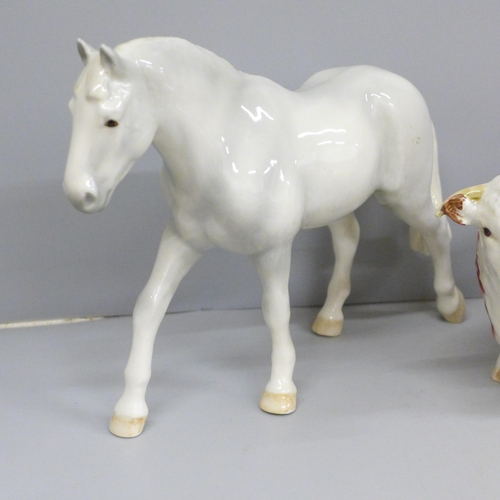 638 - A Beswick model Hereford bull, Shetland pony and horse