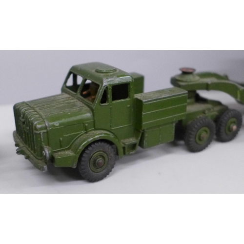 645 - A collection of Dinky Supertoys; Tank transporter 660, tank 651, 10 ton army truck 522 and four Lone... 