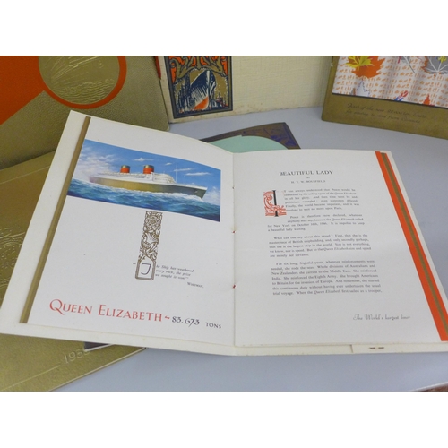 647 - Six cruise liner commemorative brochures including Cunard Queen Mary and Queen Elizabeth and two pos... 