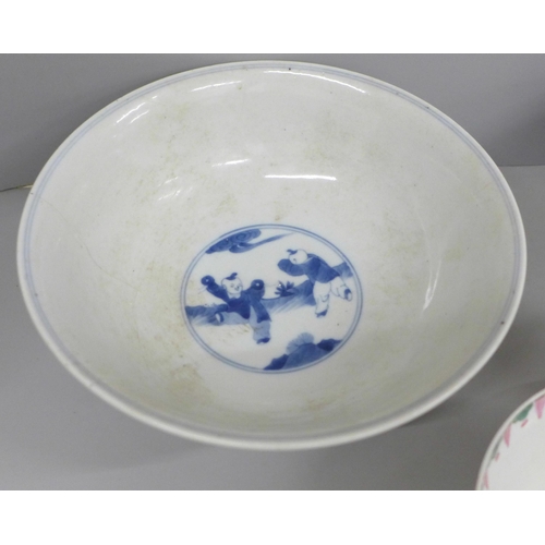 652 - Three Chinese porcelain bowls including one blue and white decorated with figures, six character mar... 