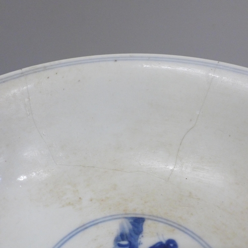 652 - Three Chinese porcelain bowls including one blue and white decorated with figures, six character mar... 