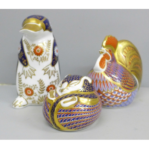 652A - Three Royal Crown Derby paperweights with silver stoppers, including cockerel and duck-billed platyp... 