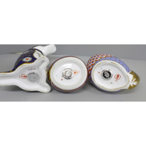 652A - Three Royal Crown Derby paperweights with silver stoppers, including cockerel and duck-billed platyp... 