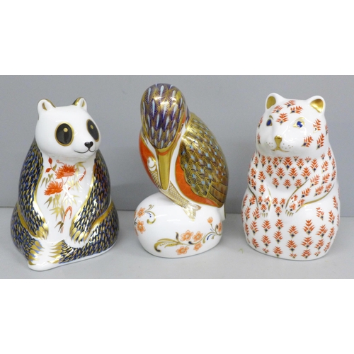 652C - Three Royal Crown Derby paperweights with silver stoppers, including panda and hamster