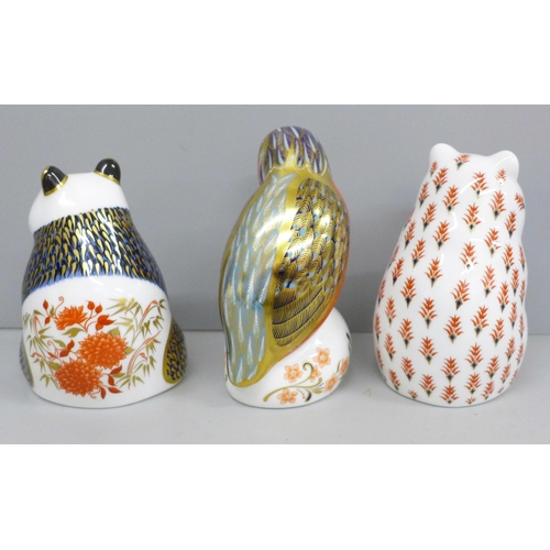 652C - Three Royal Crown Derby paperweights with silver stoppers, including panda and hamster