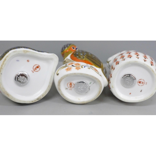 652C - Three Royal Crown Derby paperweights with silver stoppers, including panda and hamster