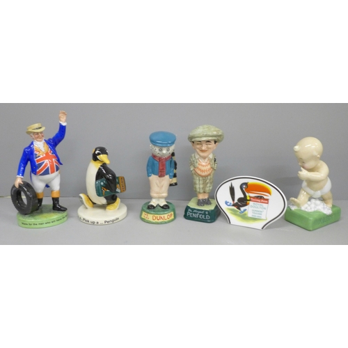 677 - Six advertising figures, Royal Doulton Fairy Baby, John Bull Tyre Man, p. p. p. pick up a Penguin, e... 