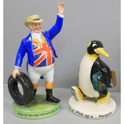 677 - Six advertising figures, Royal Doulton Fairy Baby, John Bull Tyre Man, p. p. p. pick up a Penguin, e... 