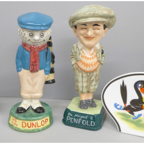 677 - Six advertising figures, Royal Doulton Fairy Baby, John Bull Tyre Man, p. p. p. pick up a Penguin, e... 