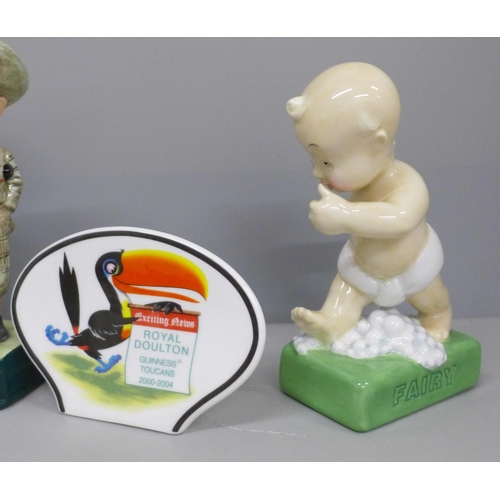 677 - Six advertising figures, Royal Doulton Fairy Baby, John Bull Tyre Man, p. p. p. pick up a Penguin, e... 