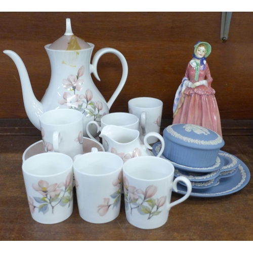 679 - A Royal Doulton figure, Gillian, five items of Wedgwood Jasperware and a Ridgway Ophelia coffee set