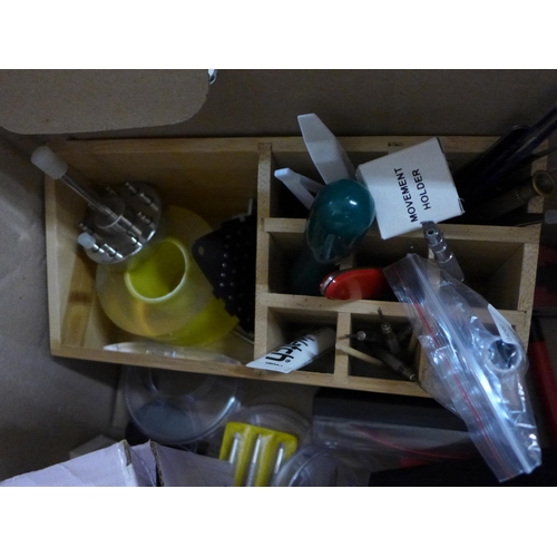 703 - Three boxes of watch repair tools, accessories including vices, Bergeon screwdrivers and Breitling a... 