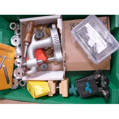 703 - Three boxes of watch repair tools, accessories including vices, Bergeon screwdrivers and Breitling a... 