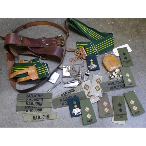 755 - Military uniform belts, uniform badges, name patches 'Rabjohn', lighters, whistles, etc.