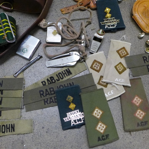 755 - Military uniform belts, uniform badges, name patches 'Rabjohn', lighters, whistles, etc.