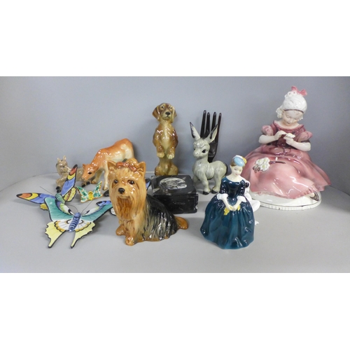 757 - A collection of china including a Royal Doulton figure, Cherie, Sylvac Yorkshire terrier, large cont... 