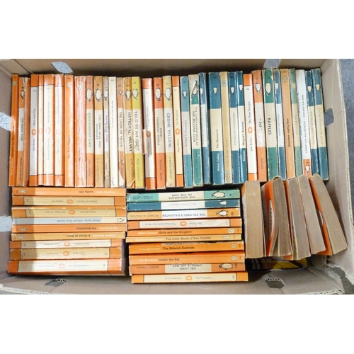 764 - A box of early Penguin books, mainly orange and green covers, 59 in total