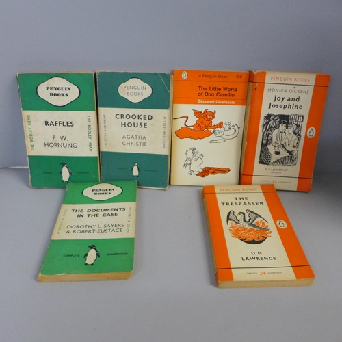 764 - A box of early Penguin books, mainly orange and green covers, 59 in total