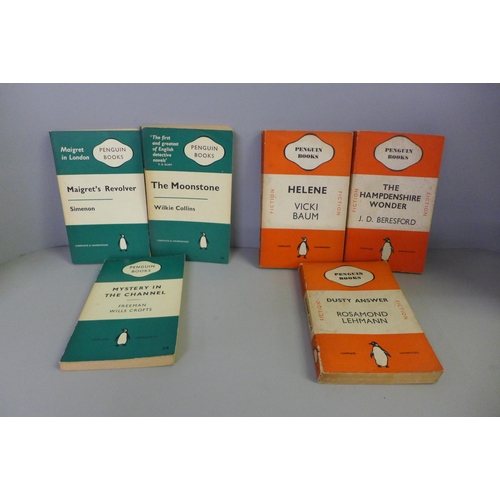 764 - A box of early Penguin books, mainly orange and green covers, 59 in total