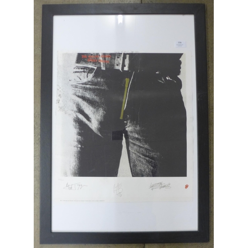 779 - A Rolling Stones promotional poster, Sticky Fingers, 1531/5000, framed - damp penetration to the top... 