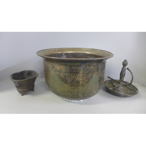 788 - An oriental bronze censer, a brass jardiniere and an ashtray formed from a sword handle