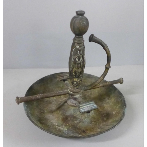 788 - An oriental bronze censer, a brass jardiniere and an ashtray formed from a sword handle