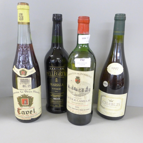 792 - Four bottles of wine; 1997 Chablis, Chateau La Tour Camillac 1970, Domaine Le Vieuw Moulin and a bot... 