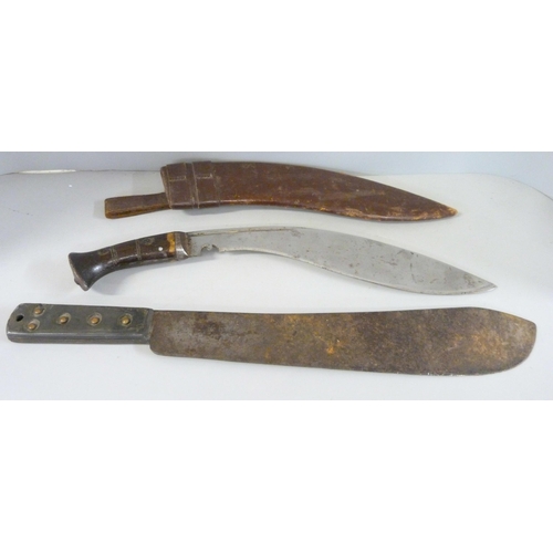 812 - A military issue machete marked Martindale, KE8277, 1966, no scabbard and a Kukri with scabbard **PL... 