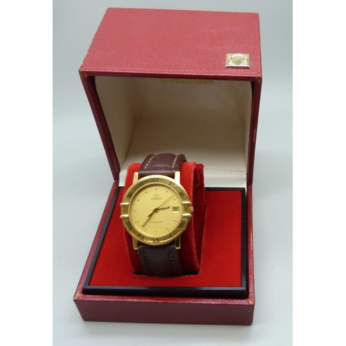 828 - An 18ct gold cased Omega Constellation quartz wristwatch, with box, 33mm case, with new battery, not... 