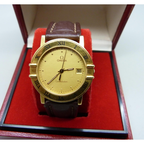 828 - An 18ct gold cased Omega Constellation quartz wristwatch, with box, 33mm case, with new battery, not... 