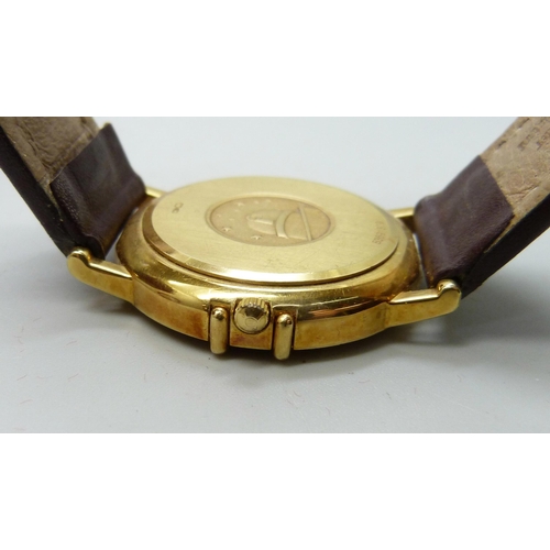 828 - An 18ct gold cased Omega Constellation quartz wristwatch, with box, 33mm case, with new battery, not... 