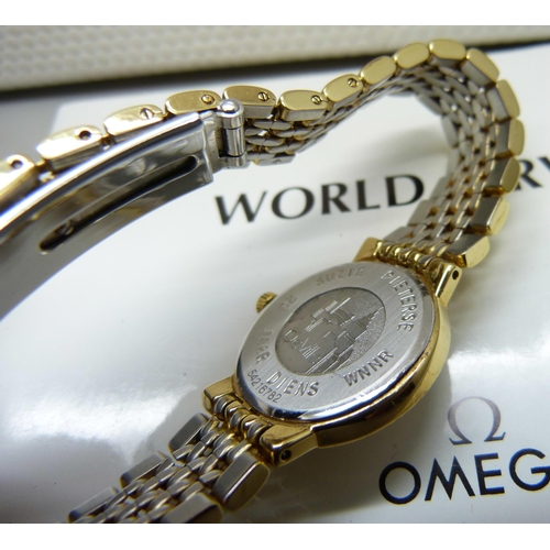 829 - A lady's Omega DeVille quartz wristwatch, paperwork, inner and outer boxes, case back bears inscript... 