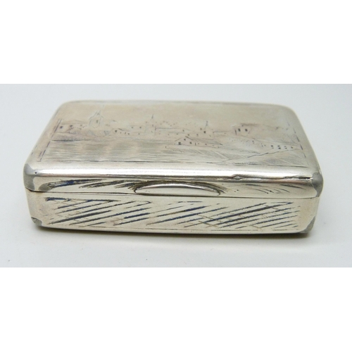 838 - A Russian silver tobacco box with village scene on the lid and base, 62g