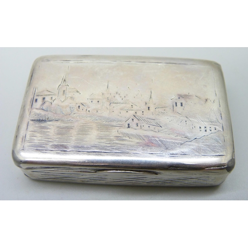 838 - A Russian silver tobacco box with village scene on the lid and base, 62g