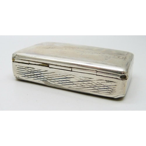 838 - A Russian silver tobacco box with village scene on the lid and base, 62g