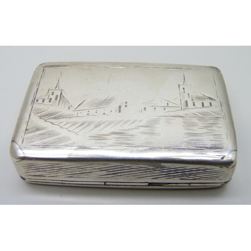 838 - A Russian silver tobacco box with village scene on the lid and base, 62g