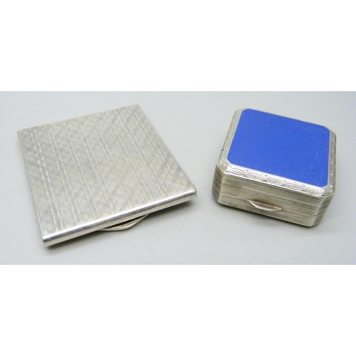 843 - A white metal compact and a white metal match book holder, (both test as silver)