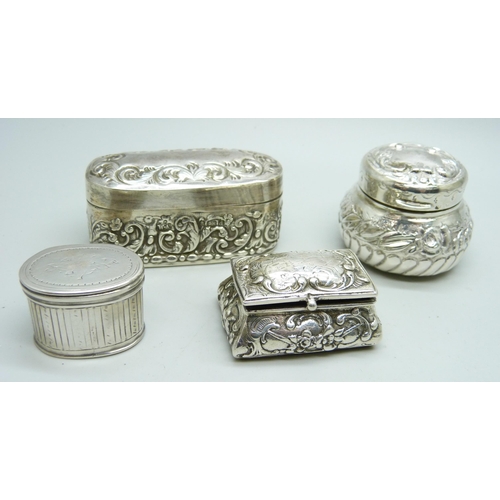 849 - Three hallmarked silver boxes, 84g, together with a white metal box with continental control mark