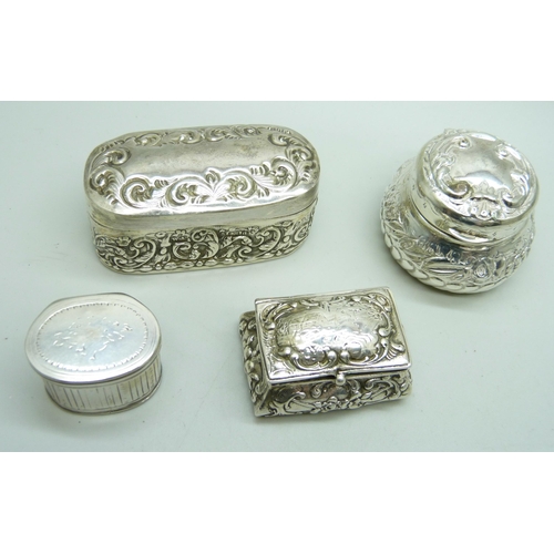 849 - Three hallmarked silver boxes, 84g, together with a white metal box with continental control mark